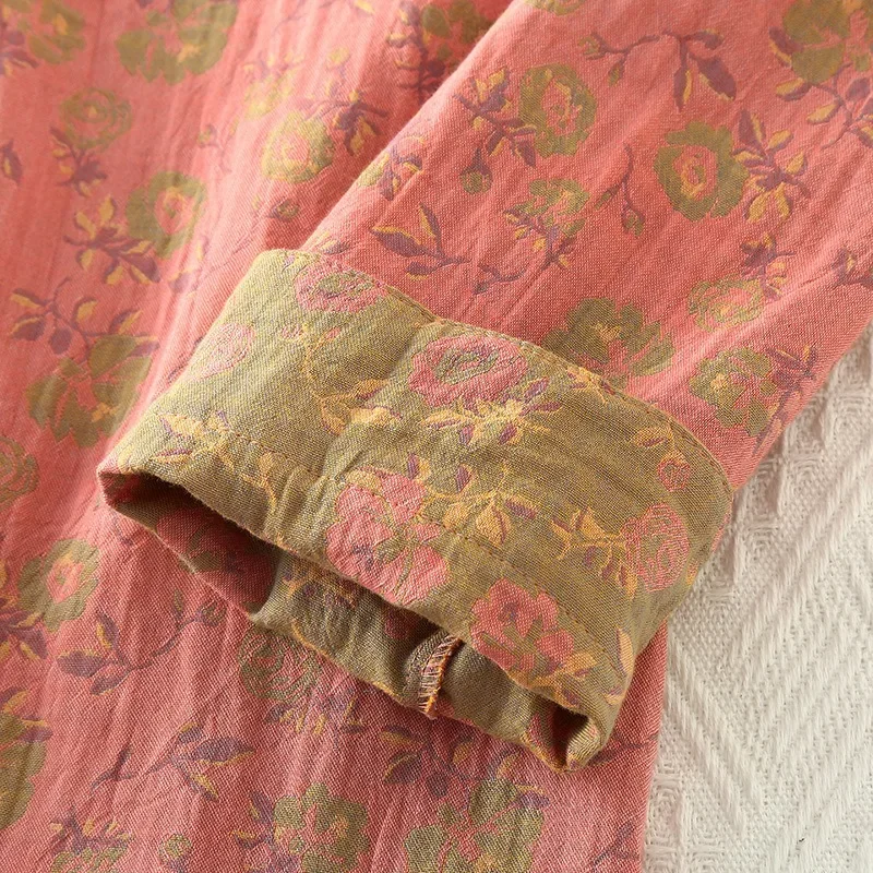 Conjunto de pijama de algodão estampado em flor vintage feminino, gola virada para baixo, manga comprida, moda feminina, primavera, outono, novo