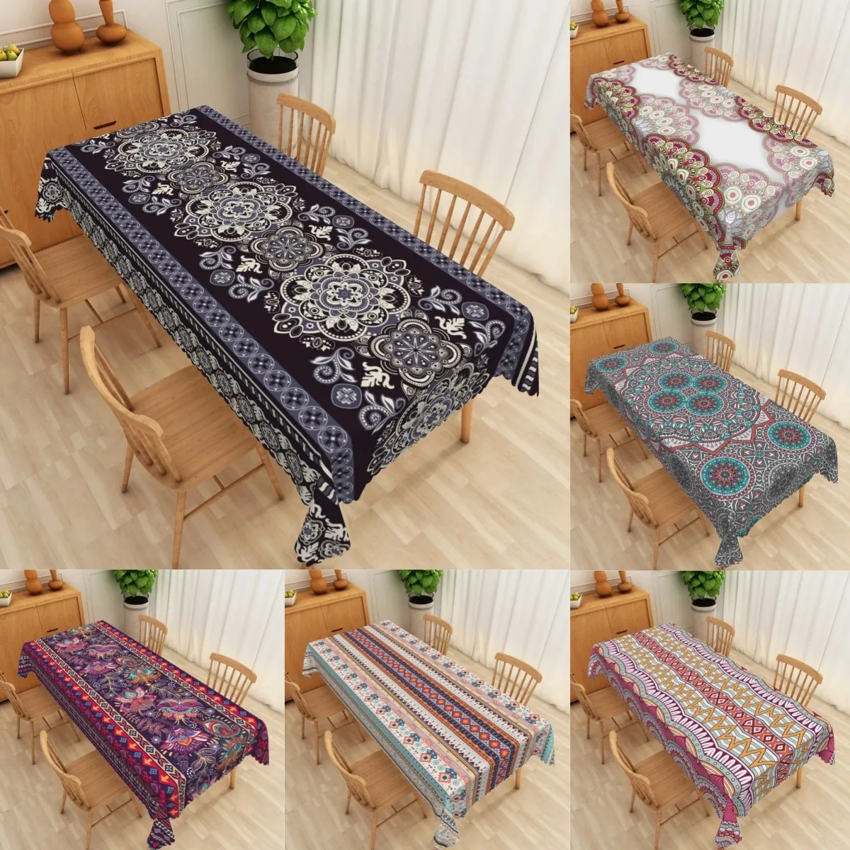 

Waterproof Polyester Mandala Tablecloth Bohemian Geometric Print Dining Table Cover Kitchen Wedding Party Home Decor Washable