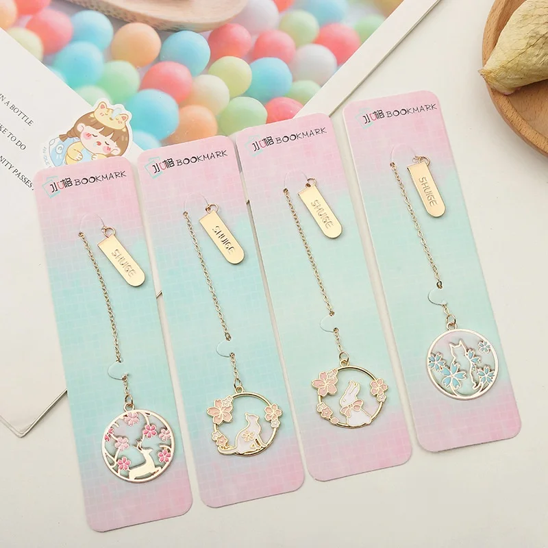 24pcs/lot Creative Sakura Animal Pendant Bookmark Cute Book Mark For Books School Office Supplies Stationery Gift