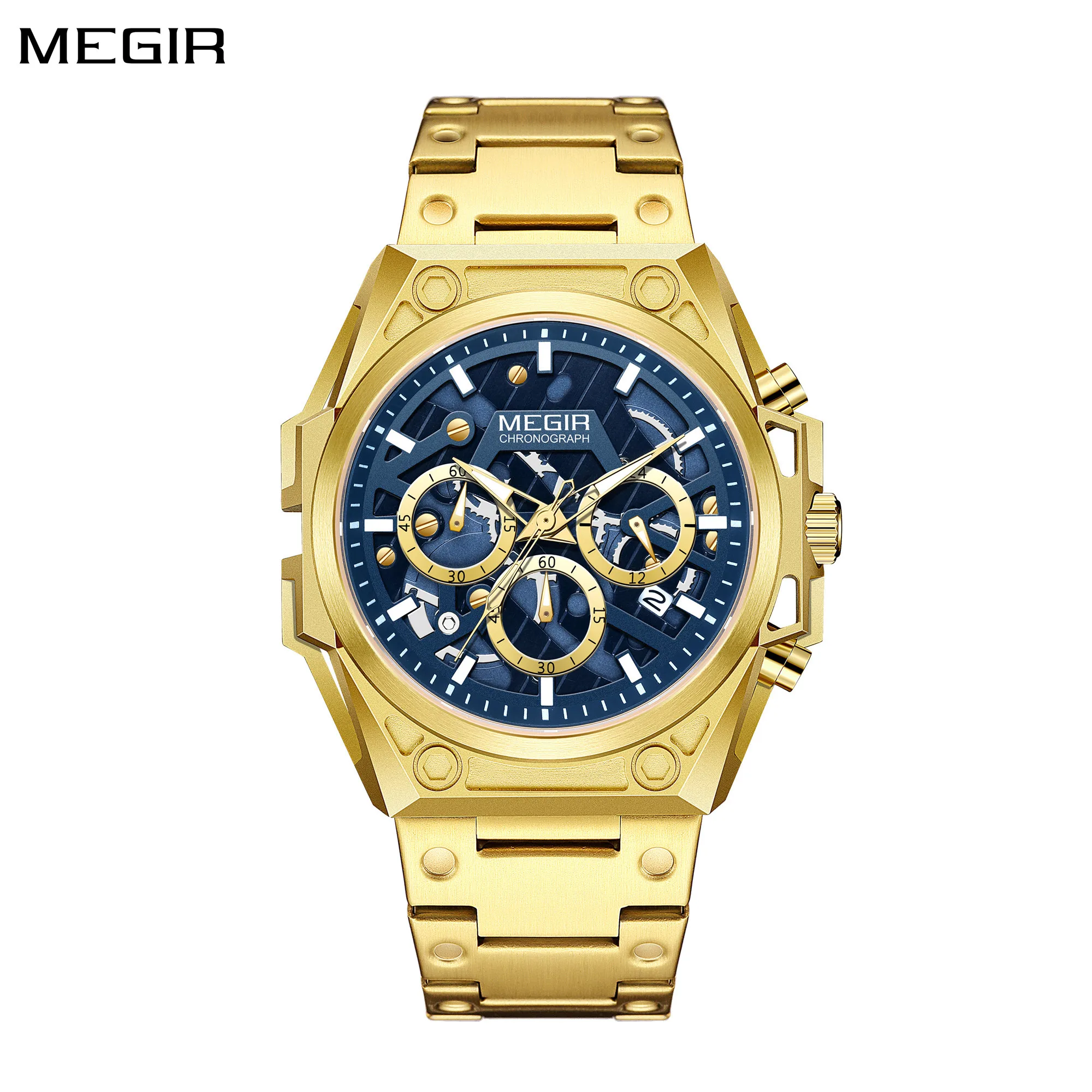 MEGIR Luxury Business Watches for Mens New Stainless Steel Quartz Wrist Watch Calendar Luminous Clock Man Watches Reloj Hombre