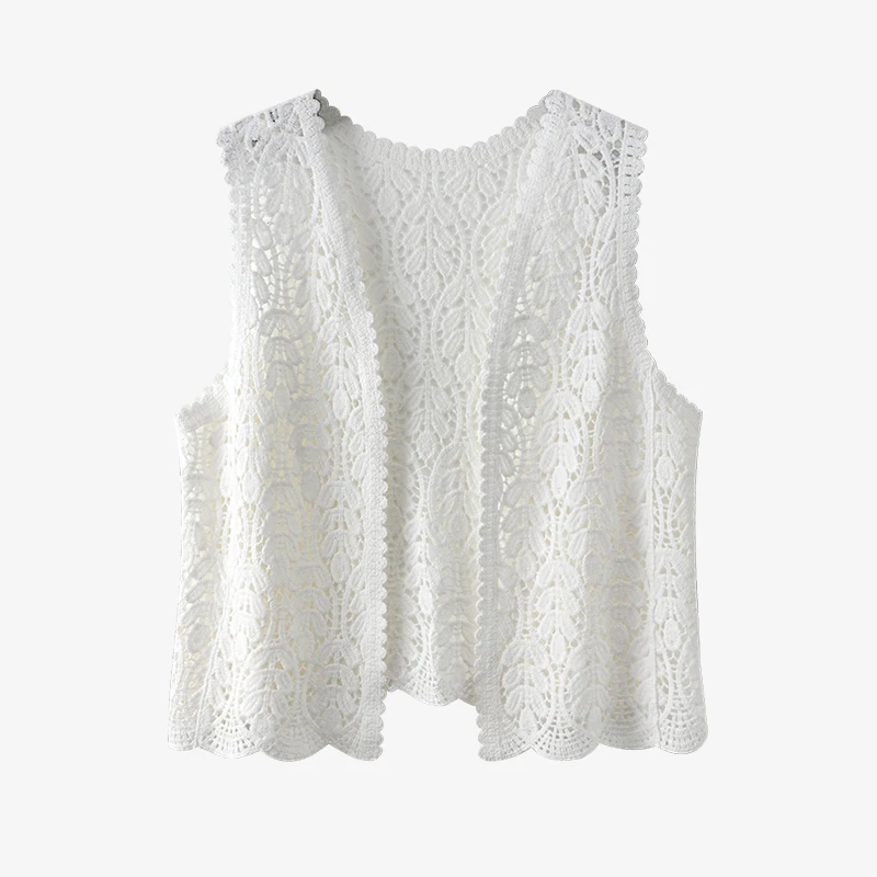 Dames gehaakt vest met open voorkant Boho chic borduurwerk kant lichtgewicht opengewerkte trui vest top zomervakantie strandoutfit