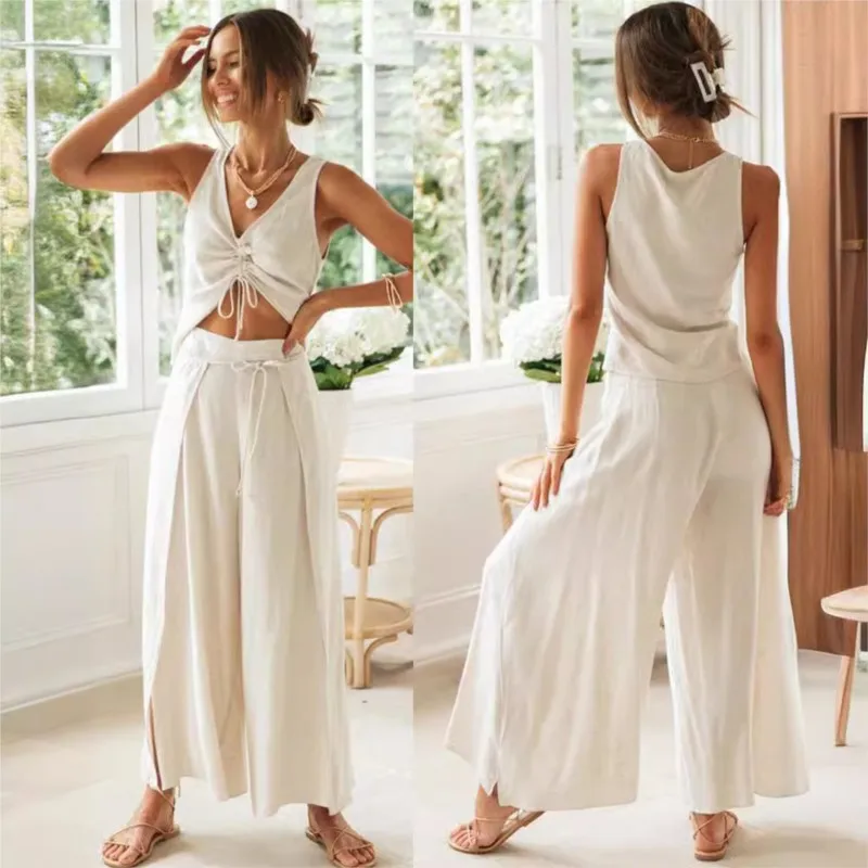 

Elegant Pant Sets Women 2 Pieces Suit Spring String Top Vest Wide Leg Slit Pants Solid Tie Up Long Pant Trouser Outfits Clothes