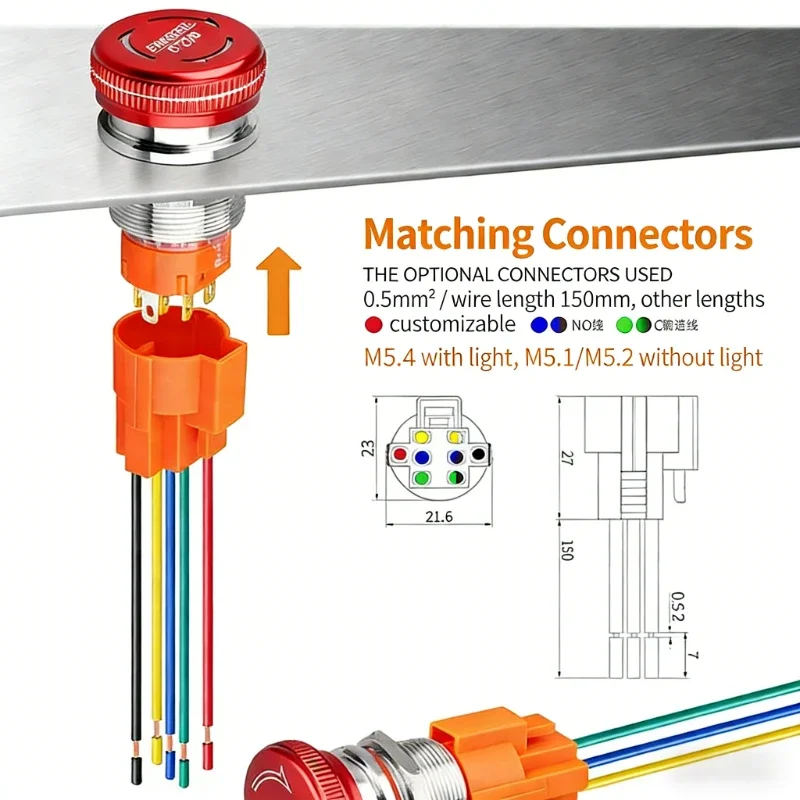 24V M5 Metal Emergency Stop Mushroom Head Switch Button 19mm/22mm Waterproof IP65 with Indicator Light 1no1nc/2non2nc Switch