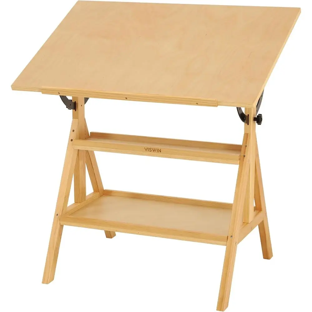 

Adjustable Art Desk for Adults: Solid Pine Wood Drafting Table with 2-Tier Storage for Drawing, Sketching, and Writing