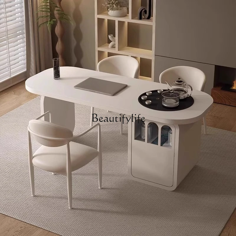 

01Cream wind balcony tea table Modern simple rock slab integrated household small tea table