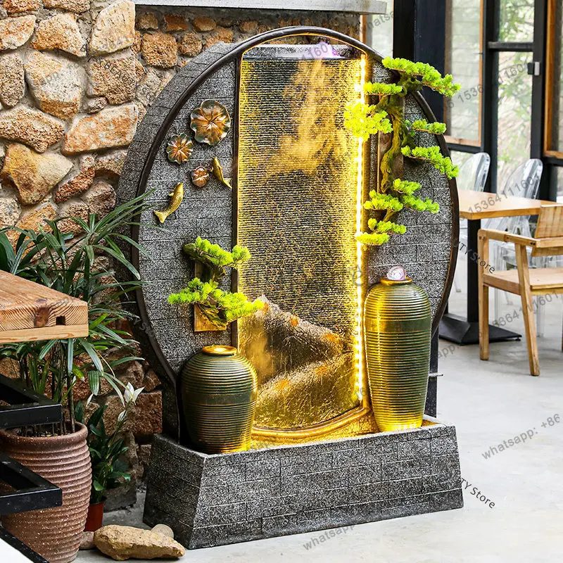 FG Large Feng Shui Water Fountain Indoor Outdoor Rockery Waterfall Rotating Wealth Wheel Garden Living Room & Office Partition J