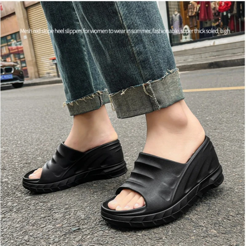 Women Fashion Summer 8cm Chunky Sole Wedges Heels Flip Flops Casual Shoes Waterproof Taiwan Slippers Sexy Lady Sandals 2024