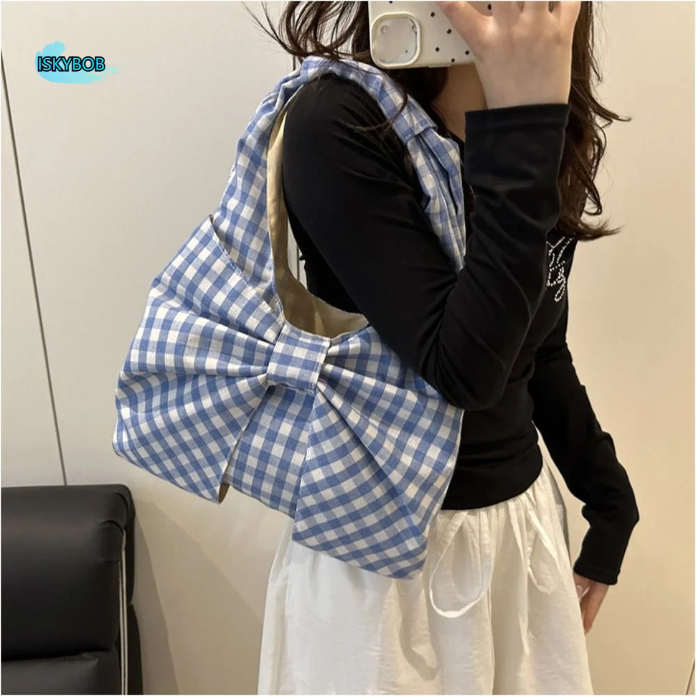 

All-match Korean Style Bow Shoulder Bag Bowknot Large Capacity Plaid Tote Bag Printing Portable Handbag Storage Bag