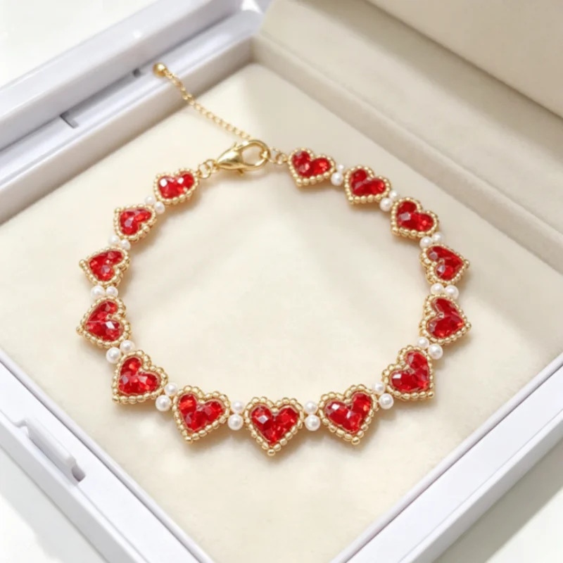 Purely Hand-Woven Love Bracelet, with Crystal and Pearl Combined to Form a Teardrop Heart
