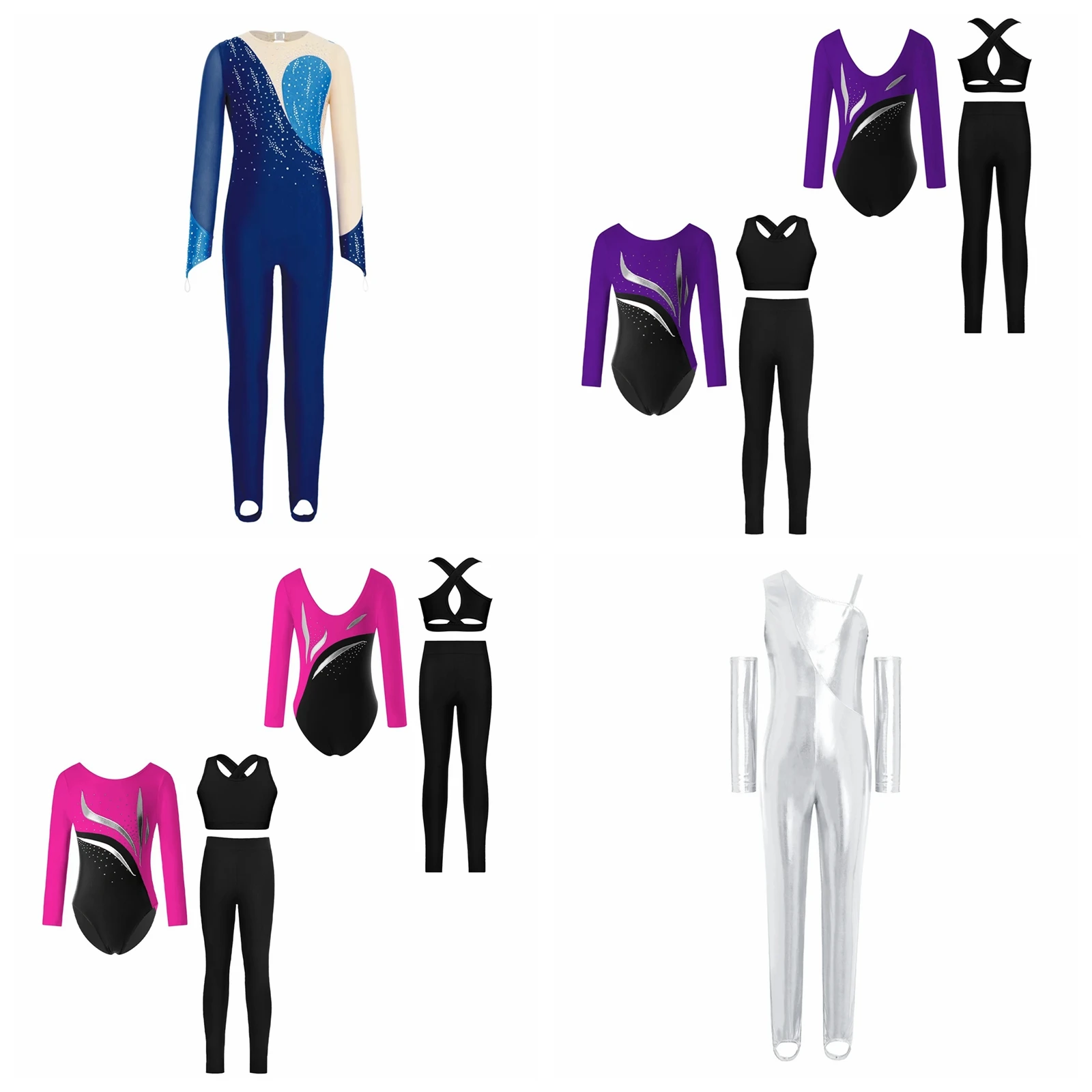 

Girls Gymnastics Jumpsuit with Finger Holes Kids Ballet Dance Leotards Back Mesh Patchwork Rhinestones Stirrup Style Bodysuit