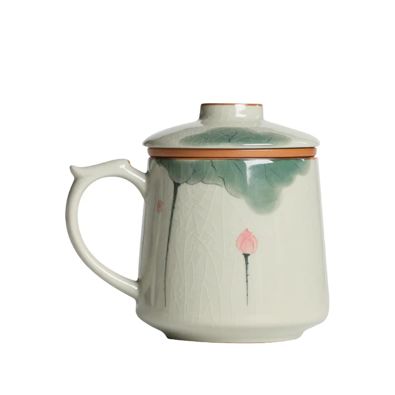 

Underglaze color, ice crack hand-painted lotus office cup, Chinese ceramic with lid, filter mug, household tea cup