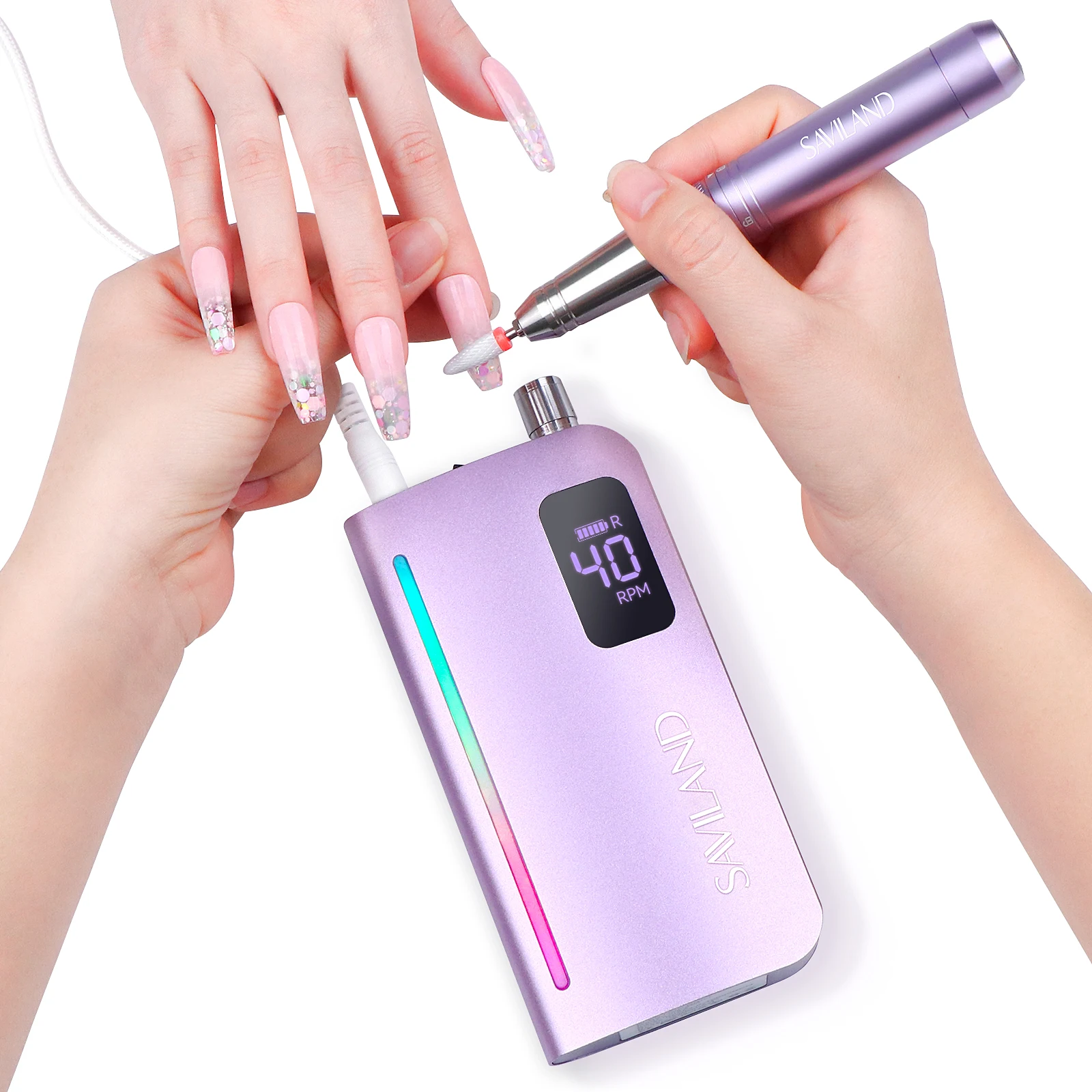 사빌랜드 고급 네일 드릴 40000 RPM 저소음 코어리스 모터 15시간 긴 배터리 수명 저진동 조명 포함 전문가용 살롱용