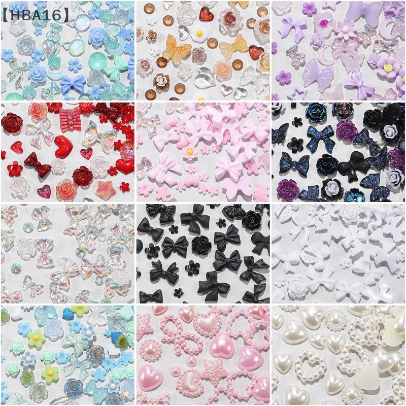 

〔HBA16〕100Pcs Multicolor Kawaii Bowknot Nail Charms Heart Pearls Flower Bow Flat-back Gems Parts Nail Art Manicure Decorations