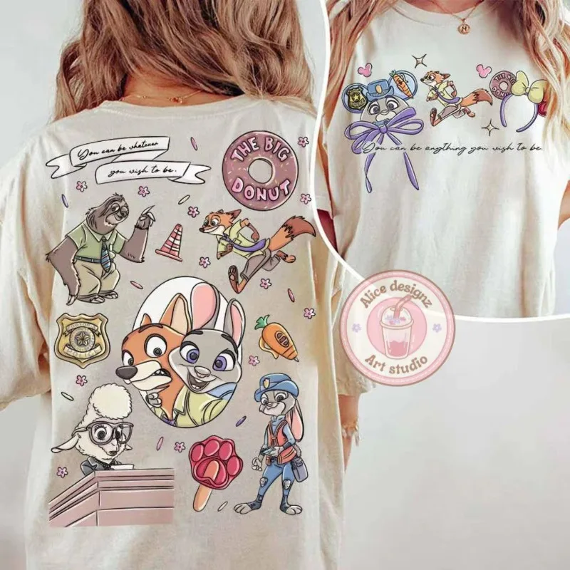 

Double Sided Zootopia Judy Rabbit and Nick Fox Disney T-shirt, Playful Disney World Suitable for Both Men and Women