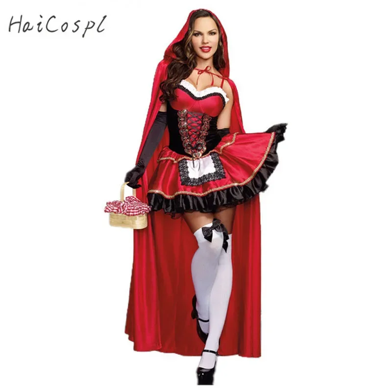 Little Red Riding Hood Costume for Women Fancy Adult Halloween Cosplay Fantasia Carnival Fairy Tale Plus Size Girl Dress Cloak