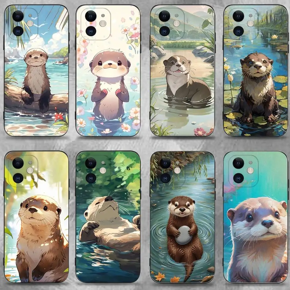 

Cute Cartoon Sea Otter Phone Case For iPhone 16,15,14,13,12,11 Plus,Pro Max,XS,X,XR,SE,Mini,8,7,Soft Silicone Black Cover