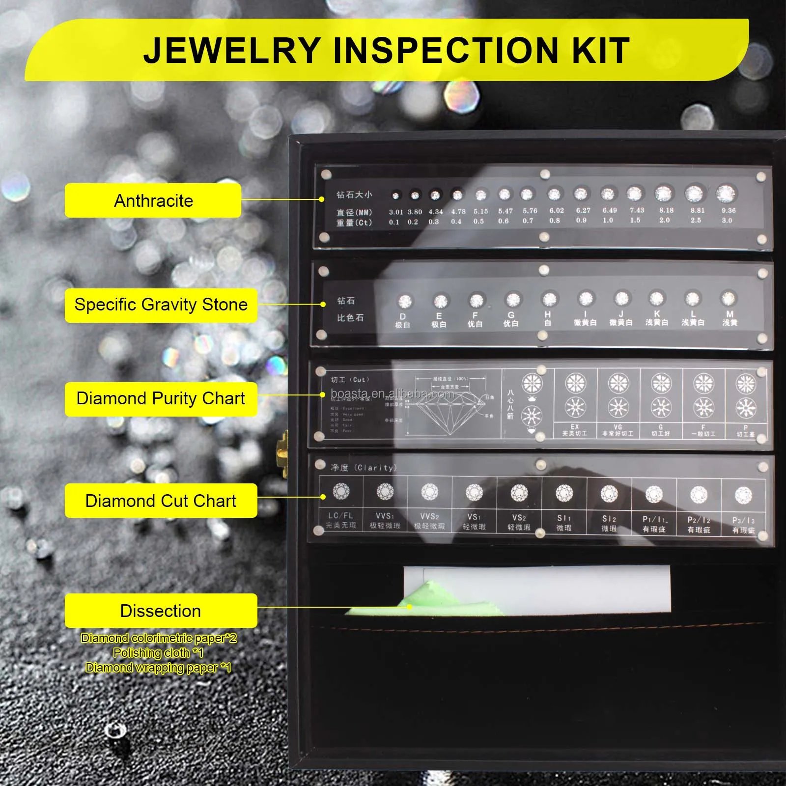 Boasta 14-in-1 Ring Measurement Diamond Inspection Kit Metal Mandrel Diamond Selector Pen 30 Loupe Prism Jewelry Making Tool Set