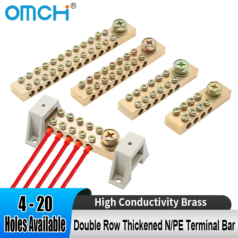 OMCH Double Row N/PE Terminal Bar 4-20 Holes High Conductivity Brass Grounding Neutral Link for Electrical Distribution Box