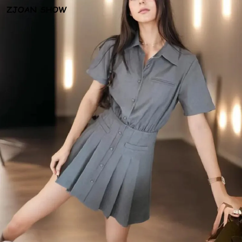 Preppy Style Women Gray Lapel Short Sleeve Shirt Dress Retro Girl Single-breasted Buttons Slim Waist Pleated A-line Mini Robe