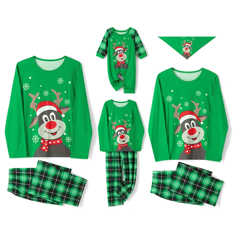 

Matching Christmas Pajamas Set for Family Including Long Sleeve Elk Tops and Plaid Pants for Adults Kids Babies and Dogs