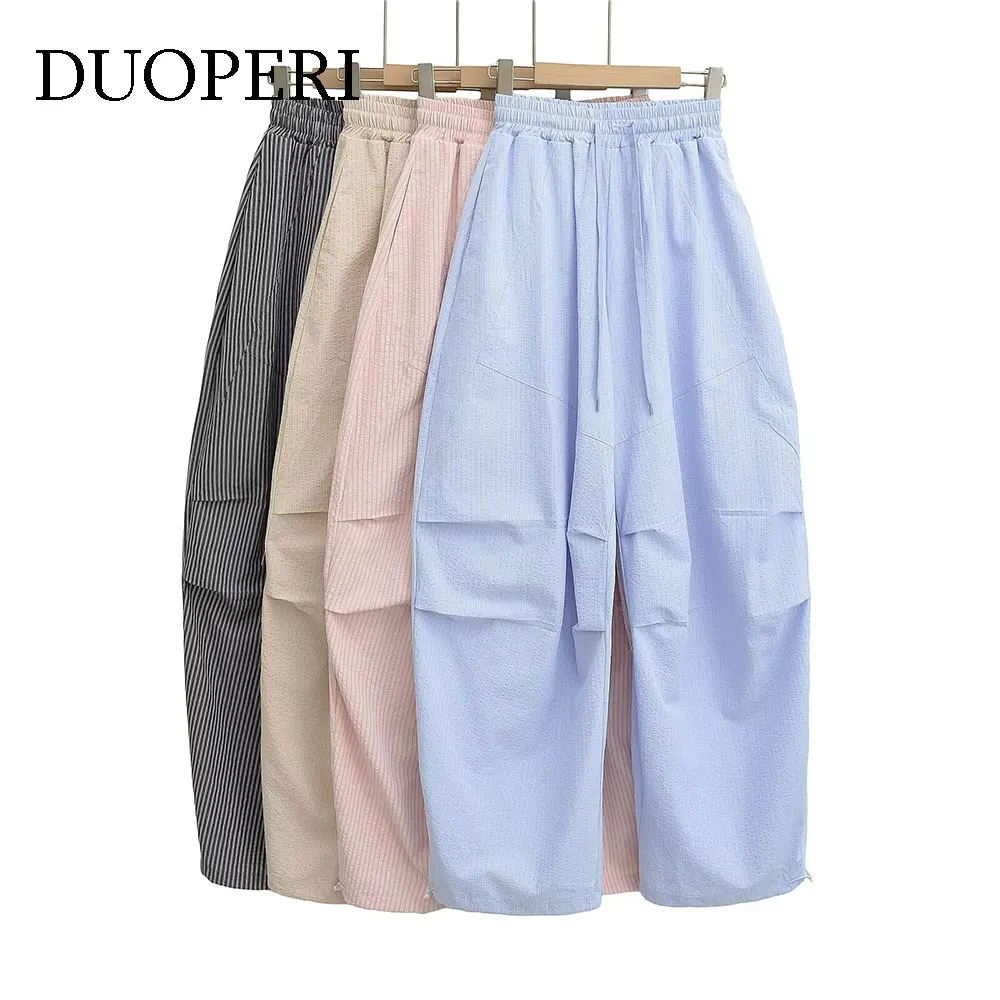Duoperi moda feminina sólida listrado calças com cordão casual cintura alta elástica comprimento total feminino elegante chique senhora calças