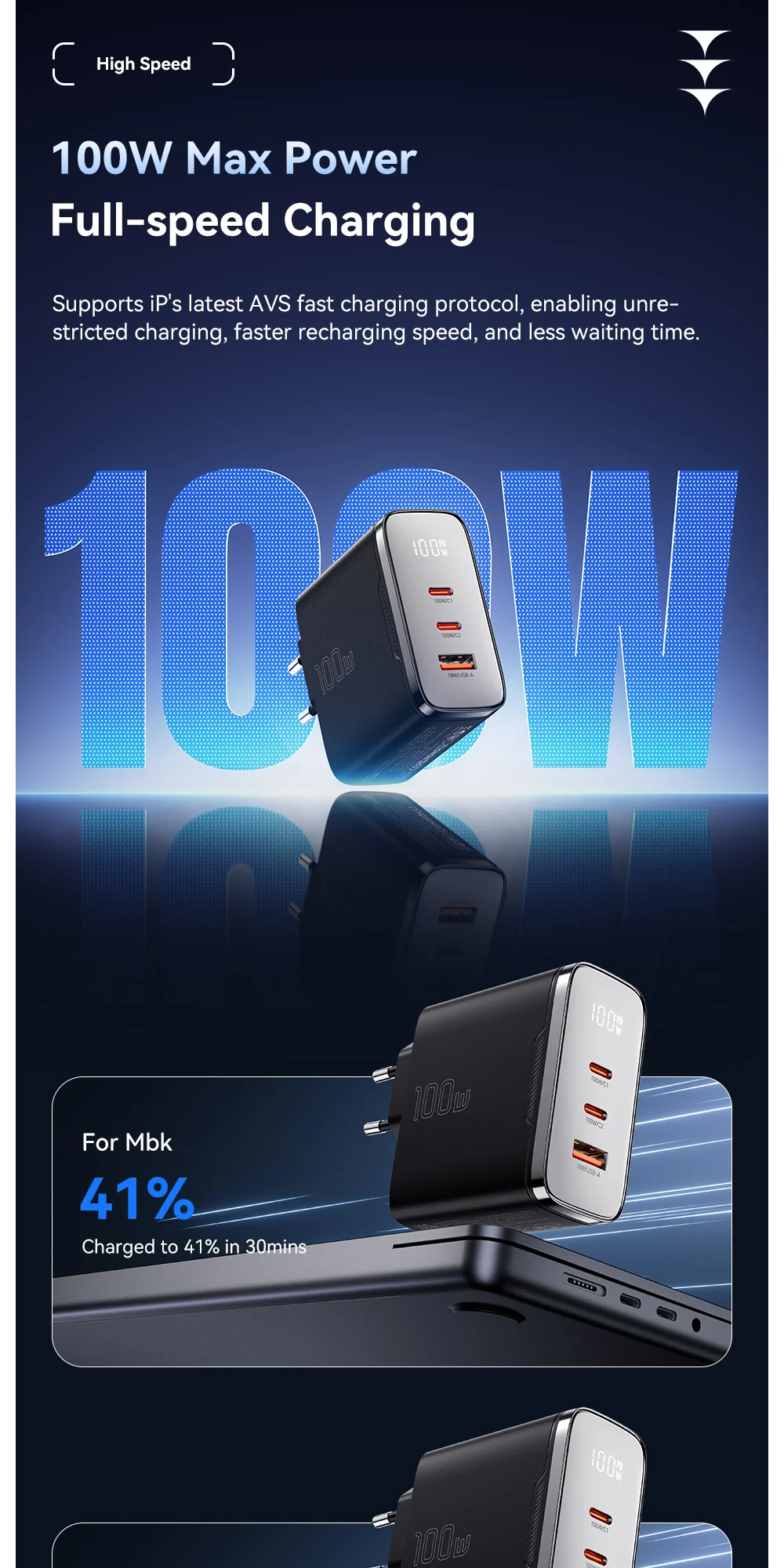 Essager GaN USB-C Ladegerät 100W mit Digitalanzeige, Typ-C Schnellladegerät für iPhone 17 16 Samsung Xiaomi Tablet MacBook Pro – Detail 3