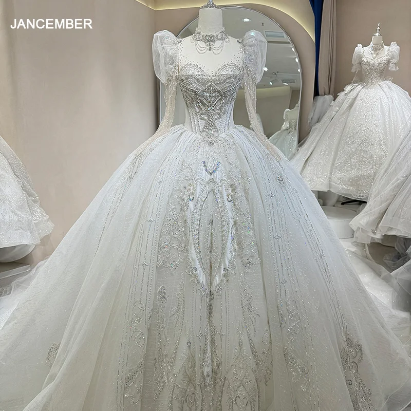 

Customized Church Wedding Dresses Long Sleeves Robe Lace Beading Bride Dress Backless Ball Gown Women vestidos de novia boda