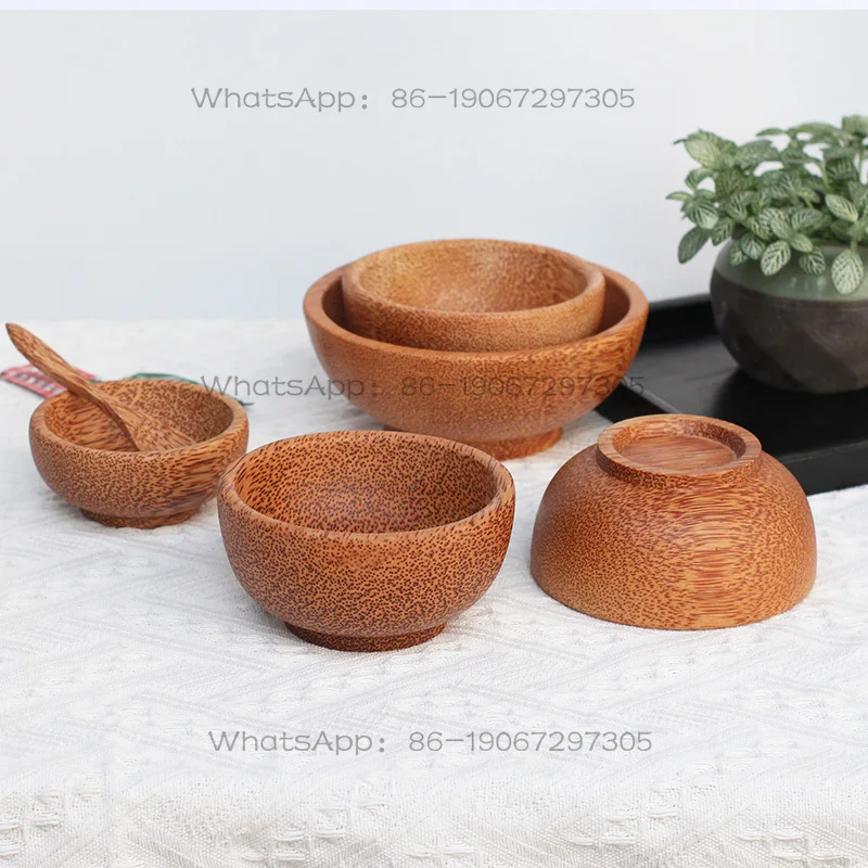 Coconut Wood Bowl Wooden Rice Round Bottom Natural Coconut Wood Dried Fruit Plate Sauce Pan Cookware