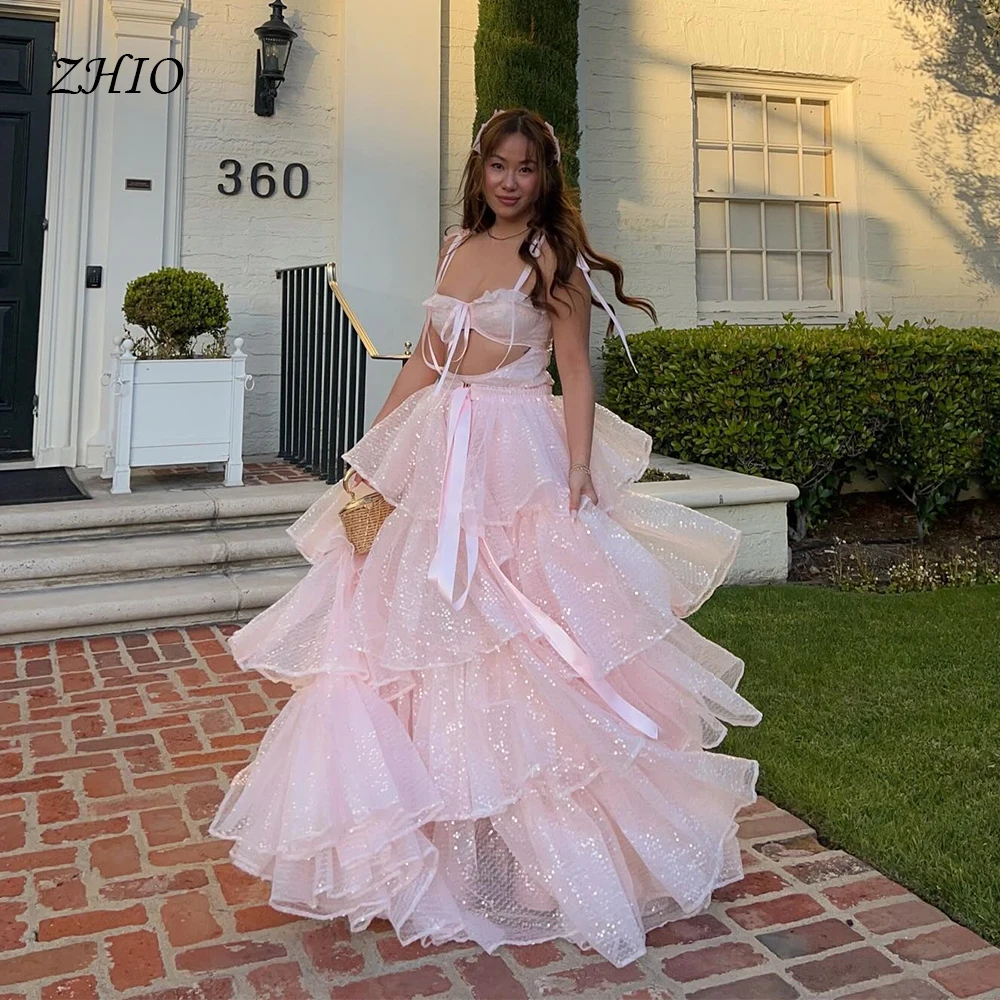 

ZHIO Custom Pink Sparkly Layered Tulle Ball Gown Dress Tie Strap Ruffle Skirt Mesh Maxi Prom Party Dress Sweet Fairycore Style