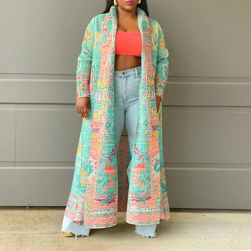 2026 Winter Elegant Hight Street Robe Jackets Autumn Fashion Pattern Print Long Cardigan Casual Long Sleeve Loose Women's Coat