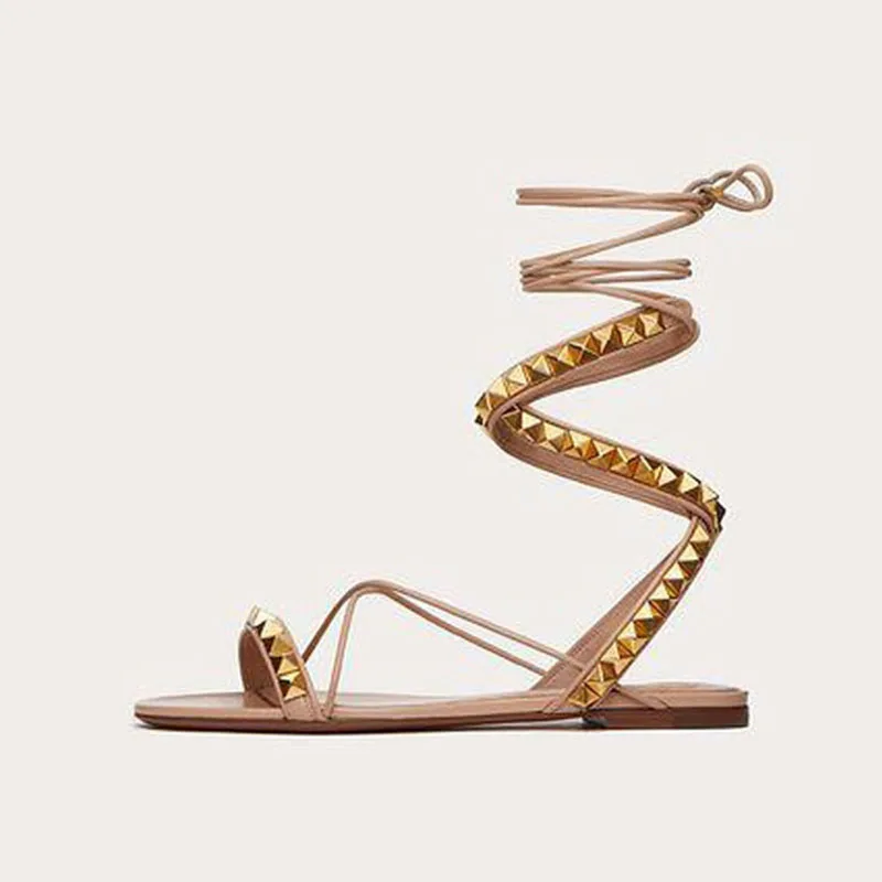 

Arden Furtado Summer 2024 Roman style Cross-tied Flats Round toe Rivet High help Mixed Colors Open toe sandals Extra large size