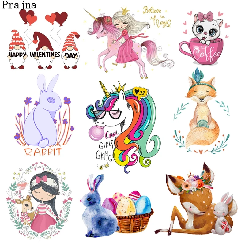 Prajna Unicorn Applique Animal Iron-On Transfers For Clothing Stickers Cartoon Girl Thermal Heat Transfer For Kids Clothes DIY