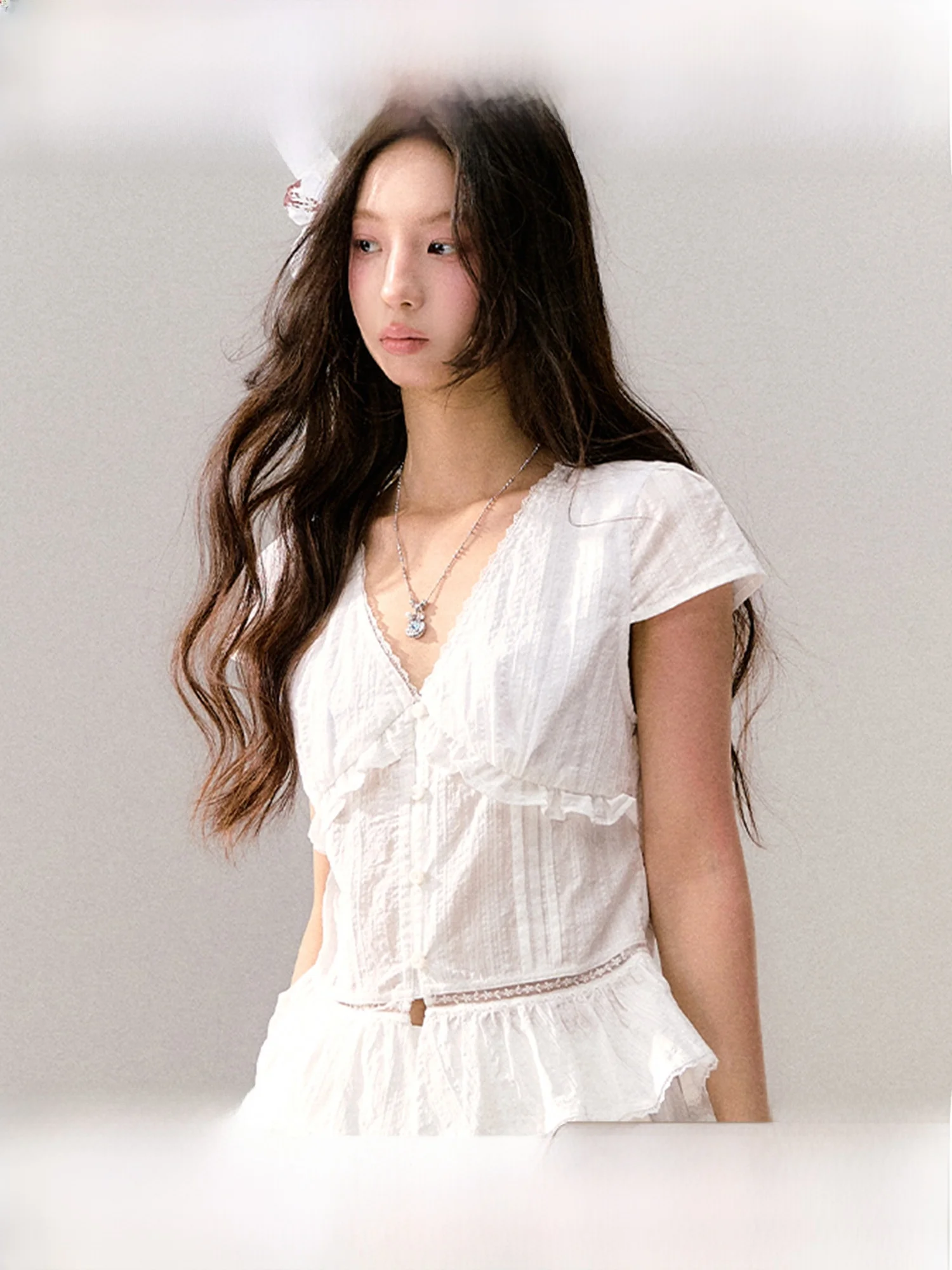 White Lace Hollow out Short Sleeve Shirt Women's Waist Cinched Top Guukahero Vintage Style Splice Gored Skirt Cotton Summer