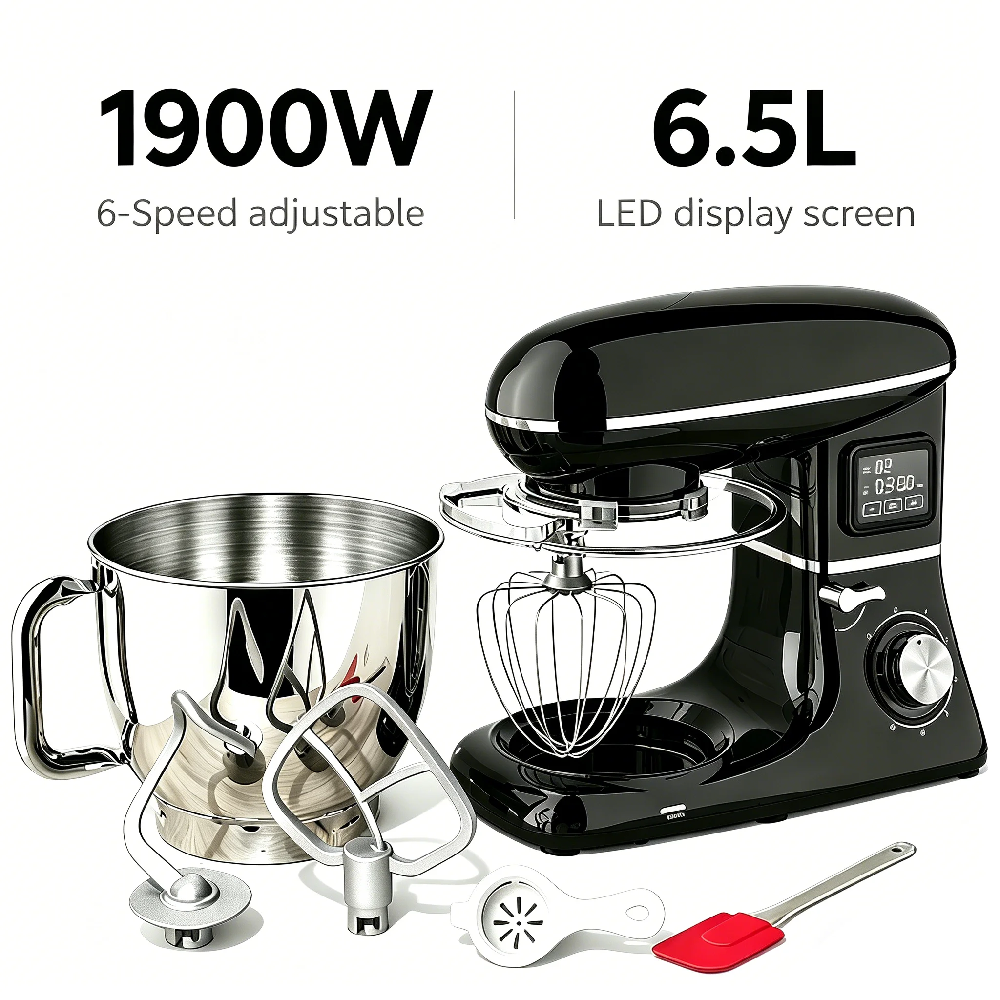 Batidora de cocina de 1900W y 6 velocidades con pantalla inteligente, batidora multifuncional para masa con tazón de acero inoxidable y batidor.
