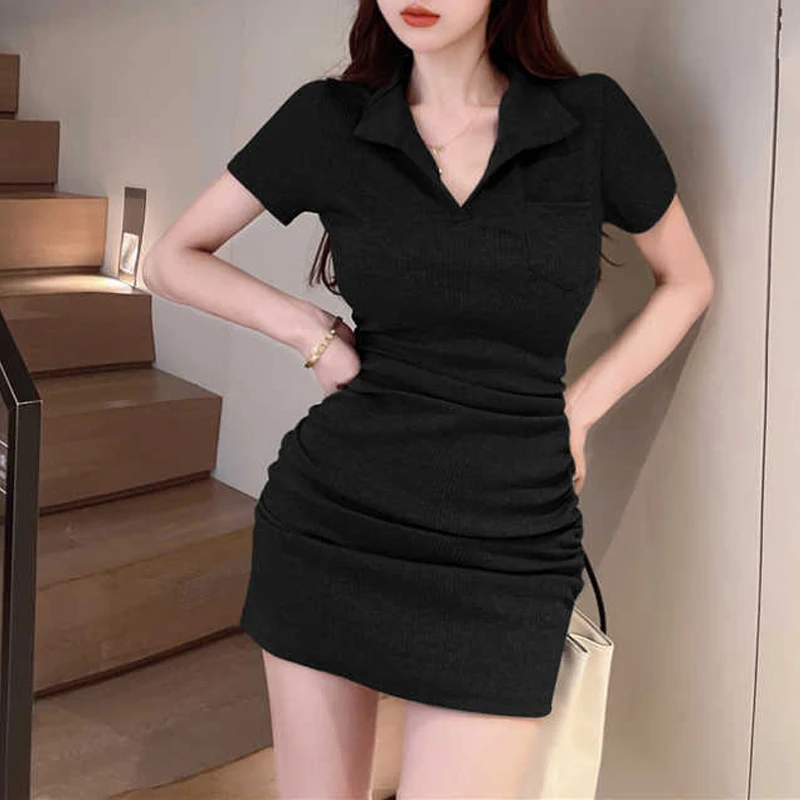 Womens Kleding Ruches Y 2K Streetwear Sexy Bodycon Club Mini Jurk Zomer Trendy Polo Kraag Korte Mouw Effen Jurken Vesti