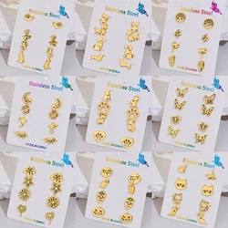 4Pairs/Lot Golden Stainless Steel Dinosaur Stud Earrings for Women Cute Butterfly Ghost Leaf Earing Dog Paw Ear Piercing Jewelry