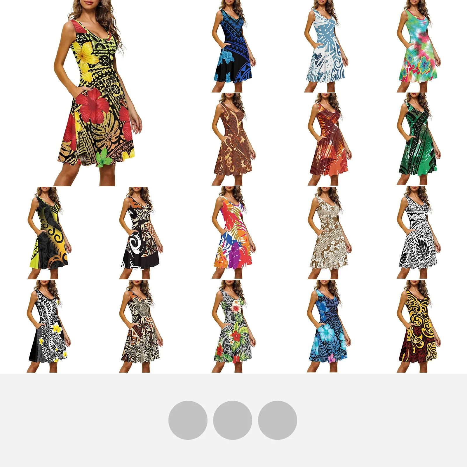 Women's Polynesian Tribal, Pohnpei Totem,Tattoo Prints,Beach Party,Evening Dress, Elegance,O-Neck Sleeveless,Hibiscus,Girdling