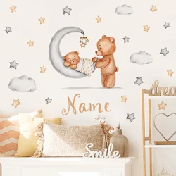 Custom Name Cartoon Bear Moon Sleeping Baby Stars Wall Stickers Watercolor Nursery Vinyl Wall Decals Mural Kids Room Home Decor