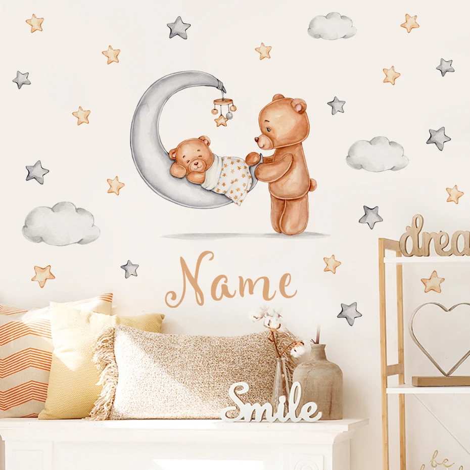 Custom Name Cartoon Bear Moon Sleeping Baby Stars Wall Stickers Watercolor Nursery Vinyl Wall Decals Mural Kids Room Home Decor