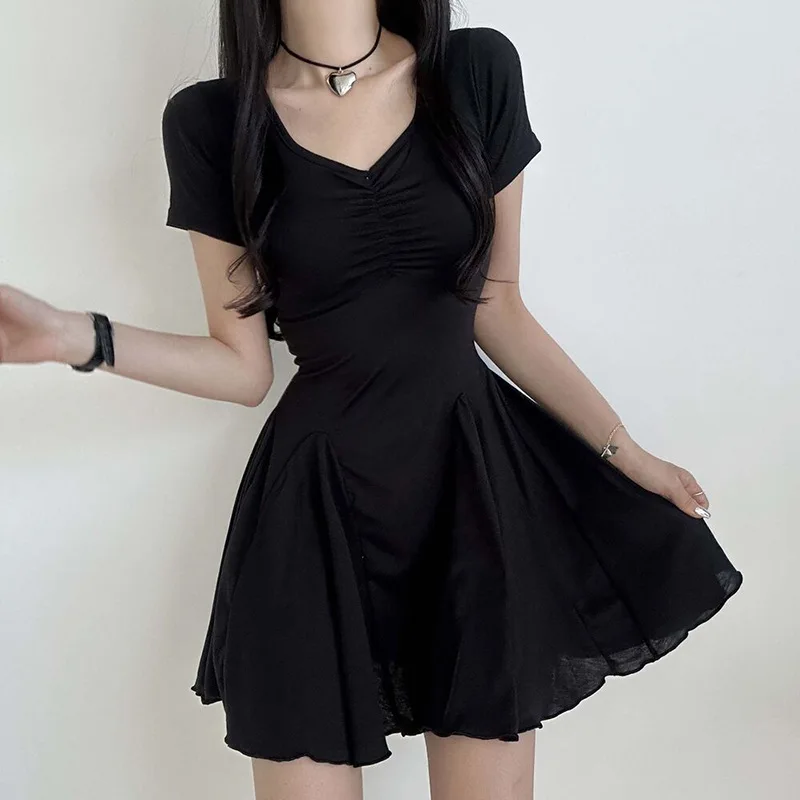 

V Neck Folds Folds Short Casual Mini Dress Women Korean Fashion A-Line Sundress Draped Summer Dresses Y2k Clothing Платье 원피스