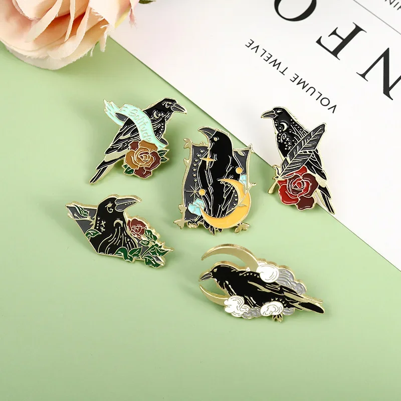 Star Moon Black Crow Enamel Pins Rose Letter Brooches Cartoon Bird Badge Denim Lapel Pin Jewelry Gift for Kid Women Bag Backpack