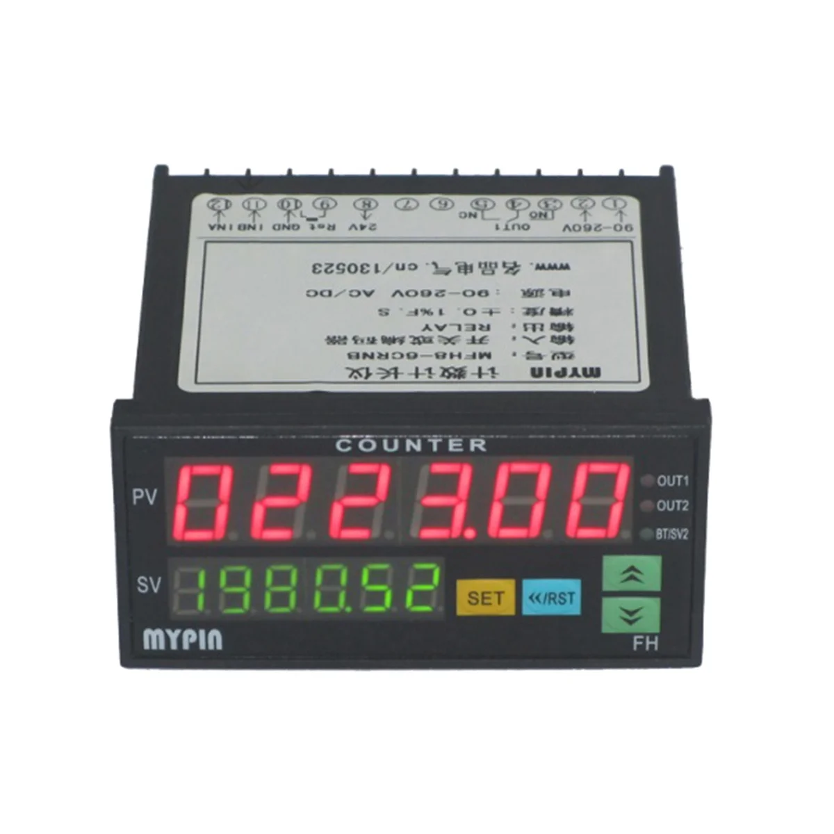 Mypin FH8-6CRRB Dual Display Digital Counter 6 Digits Light-Emitting Diode AC/DC Length Meter Black