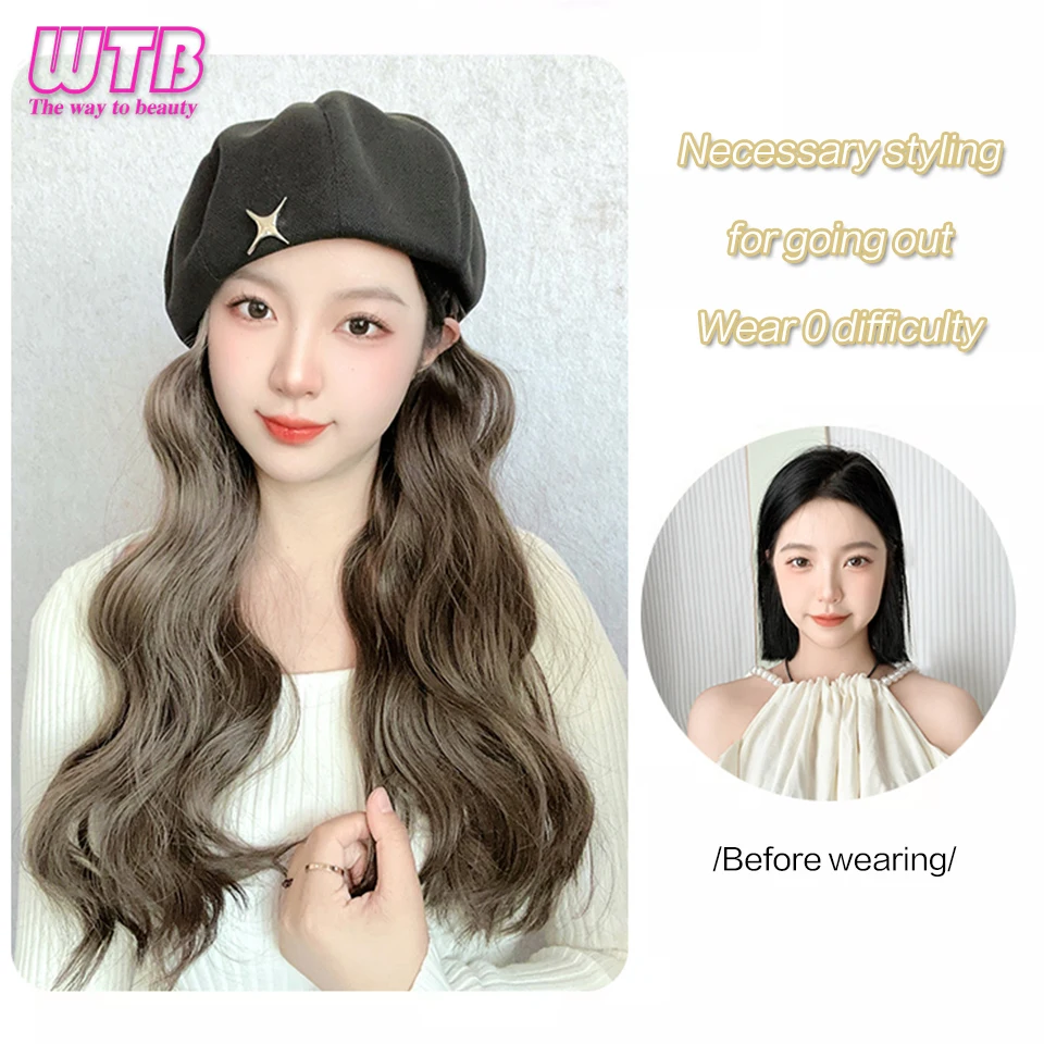 WTB Women\'s Beret Wig Synthetic Long Wave Curly Winter Hat Wig Hat One-piece Wig Keeps Warm and Fashionable Heat Resistant Wire