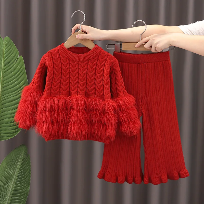 Kid Girl Knitted Two Piece Set Knit Sweater Top Feather Embellishments Cuffs Hem Knitted Flared Pants Children Stylish Clothes