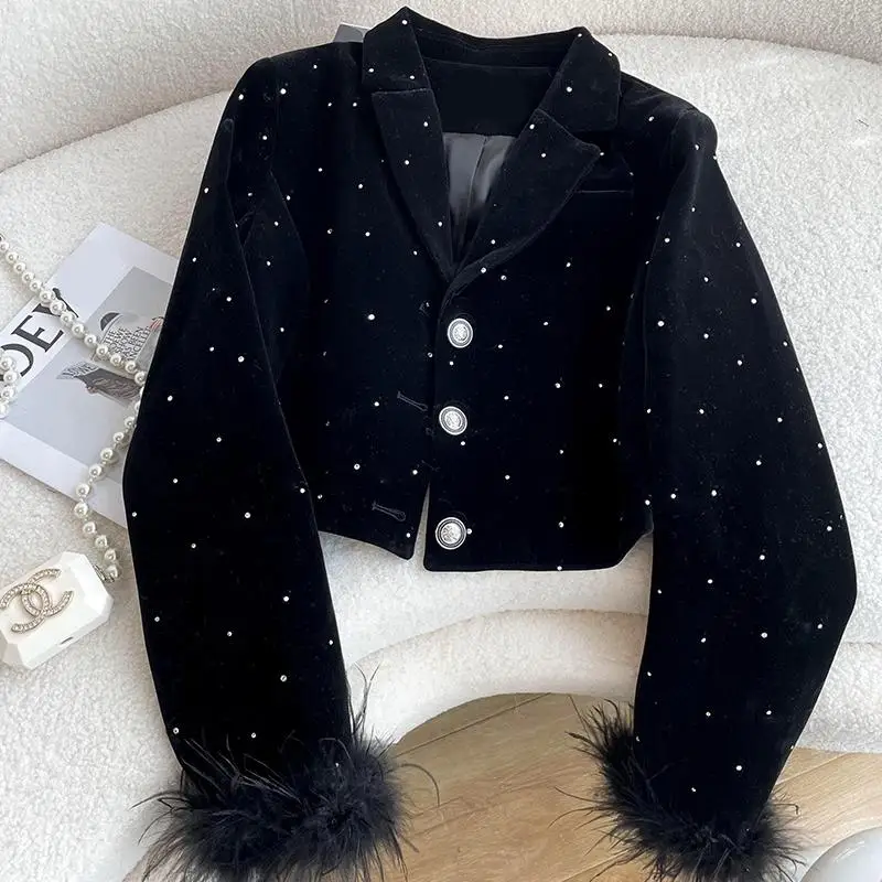 Hot Diamond Luxury Black Velvet Blazer Elegant Women Long Sleeve Fur Design Jacket Top 2023 Autumn/winter Short Slim Coat Korean