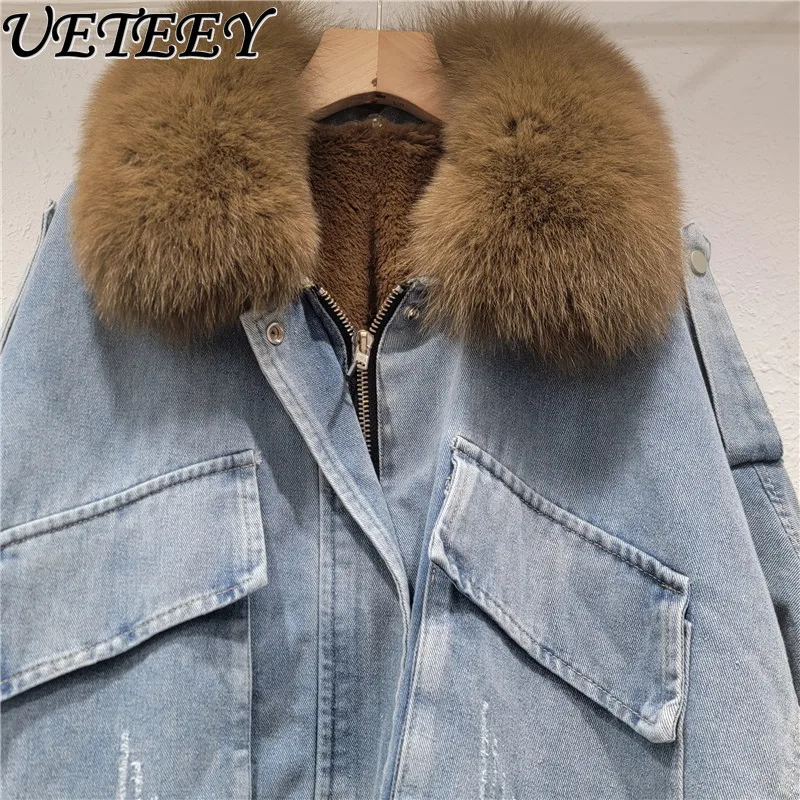

Real Fur Collar Denim Jacket Women Fleece Lined Thickened 2025 New Winter Loose Korean Batwing Sleeve Jean Jacket Cotton Coat