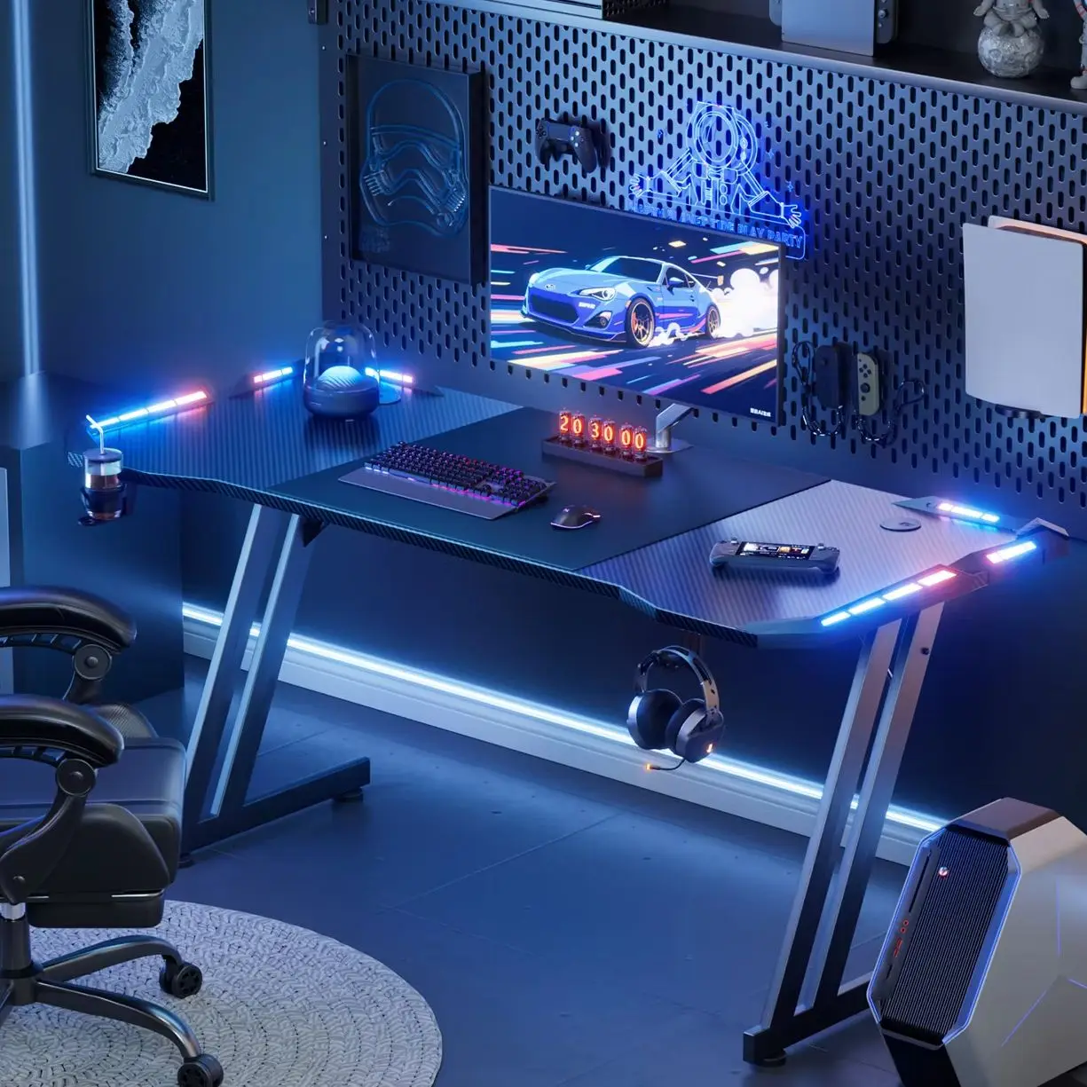 NEBMAAX 47/55/63inch Computer Desk, Gaming Desk with LED Lighting, Computer Gaming Desk with Carbon Fibre Top, Sturdy Office Desk with Headphone Hook & Cup Holder, Black