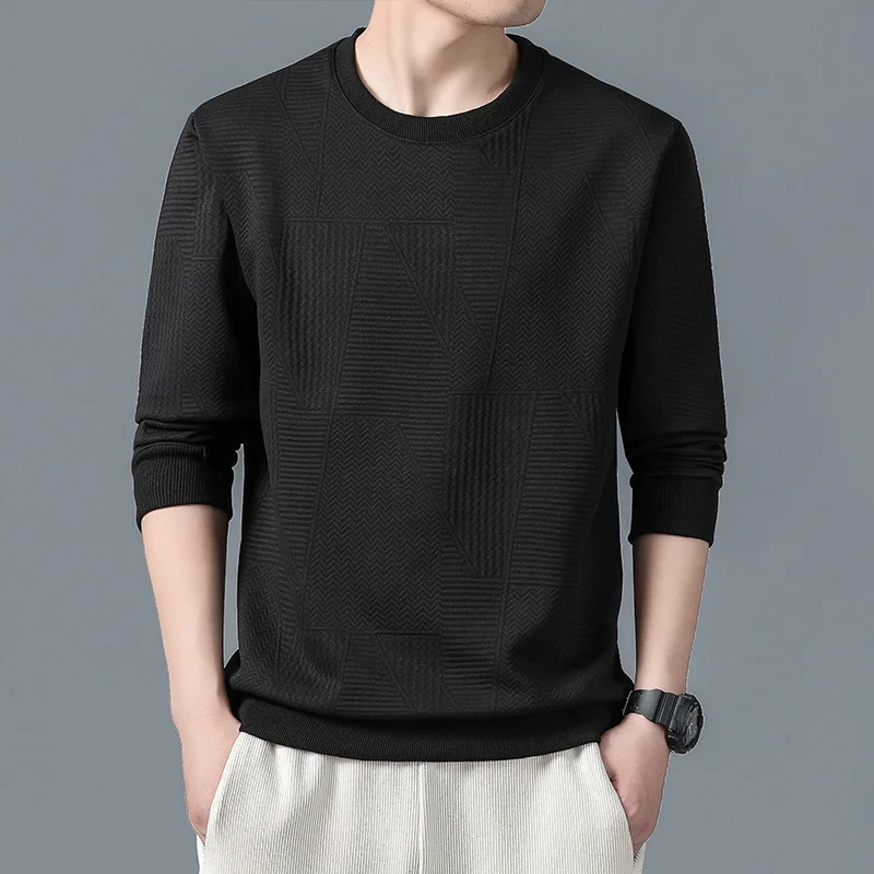 Spring Autumn Men's Pullover Round Neck Solid Screw Thread Long Sleeve T-shirt Sports Sweater Underlay Fashion Tops JJ838