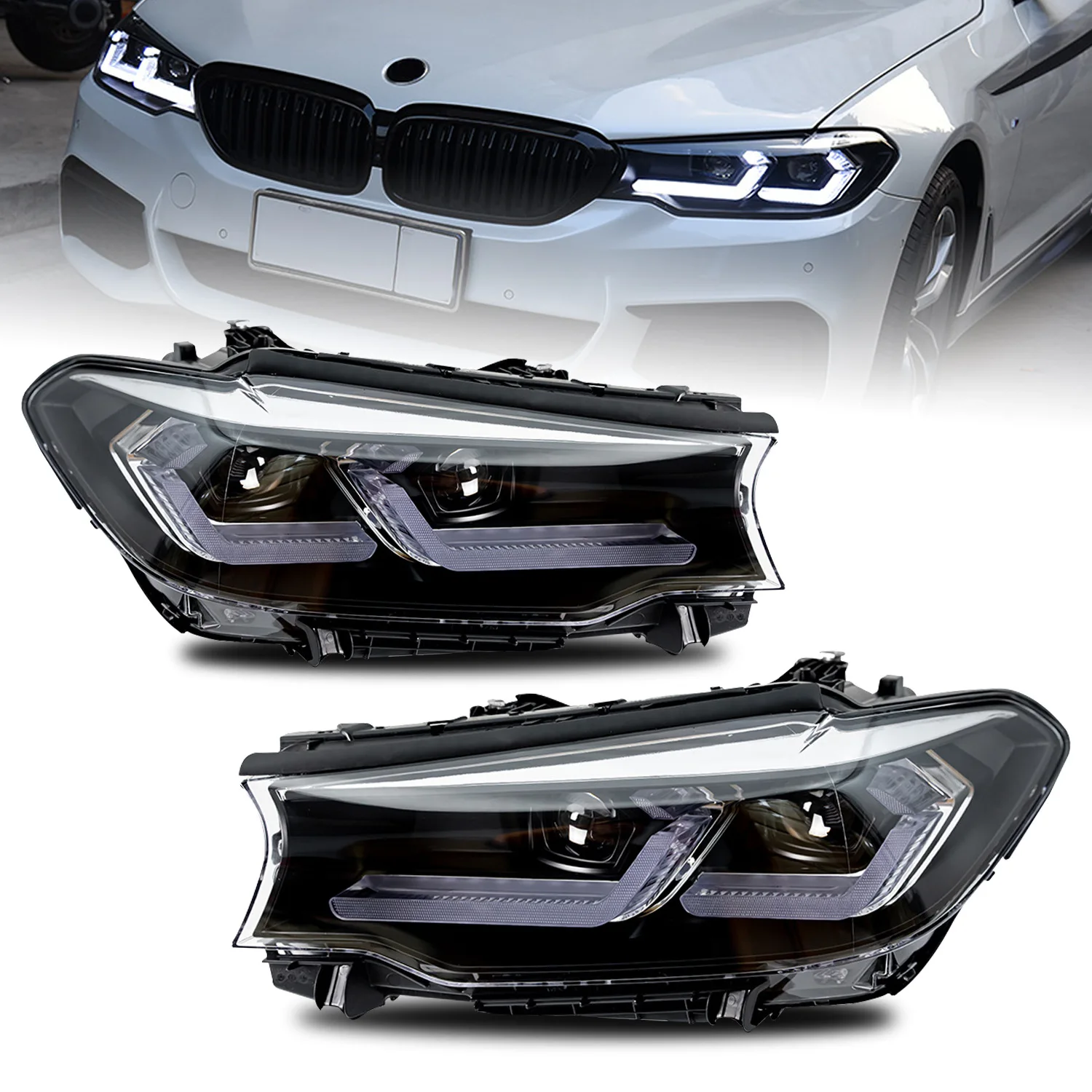 

Автомобильные светодиодные фары для BMW 5series G30 Фары 2018-2021 новейшие светодиодные дневные фары LCI Styling с двойным проектором Автомобильные аксессуары