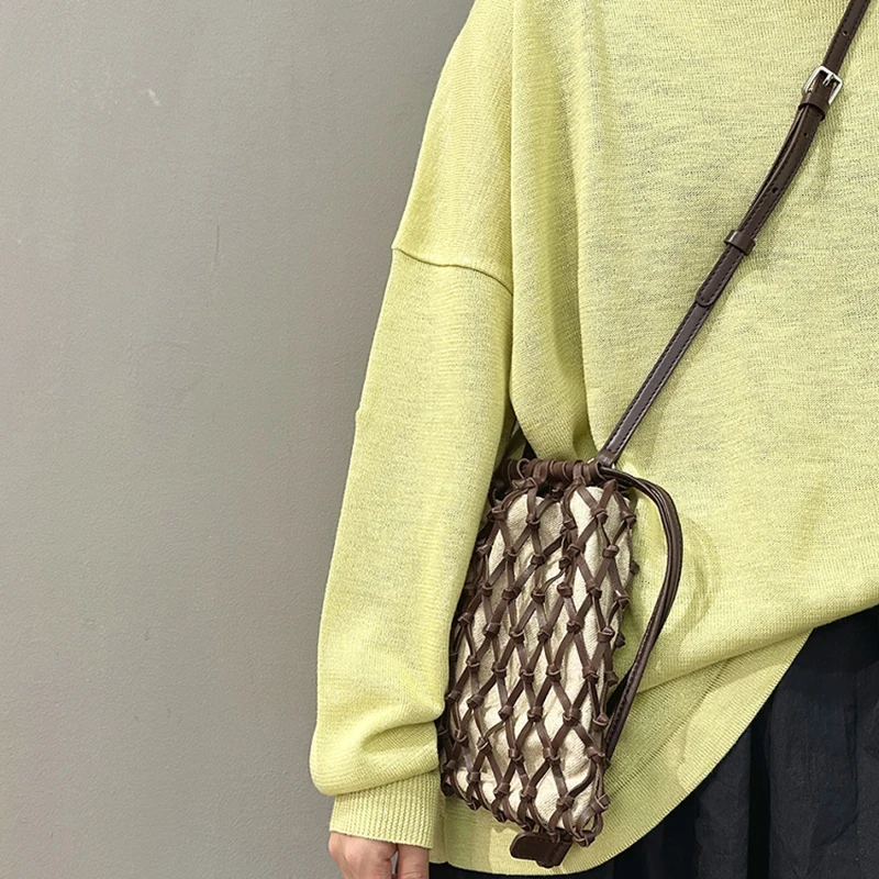 FANAN Luxury Designer Hollowed-out Mobile Phone Bag Genuine Leather Drawstring Women's Mini Shoulder Crossbody Bag